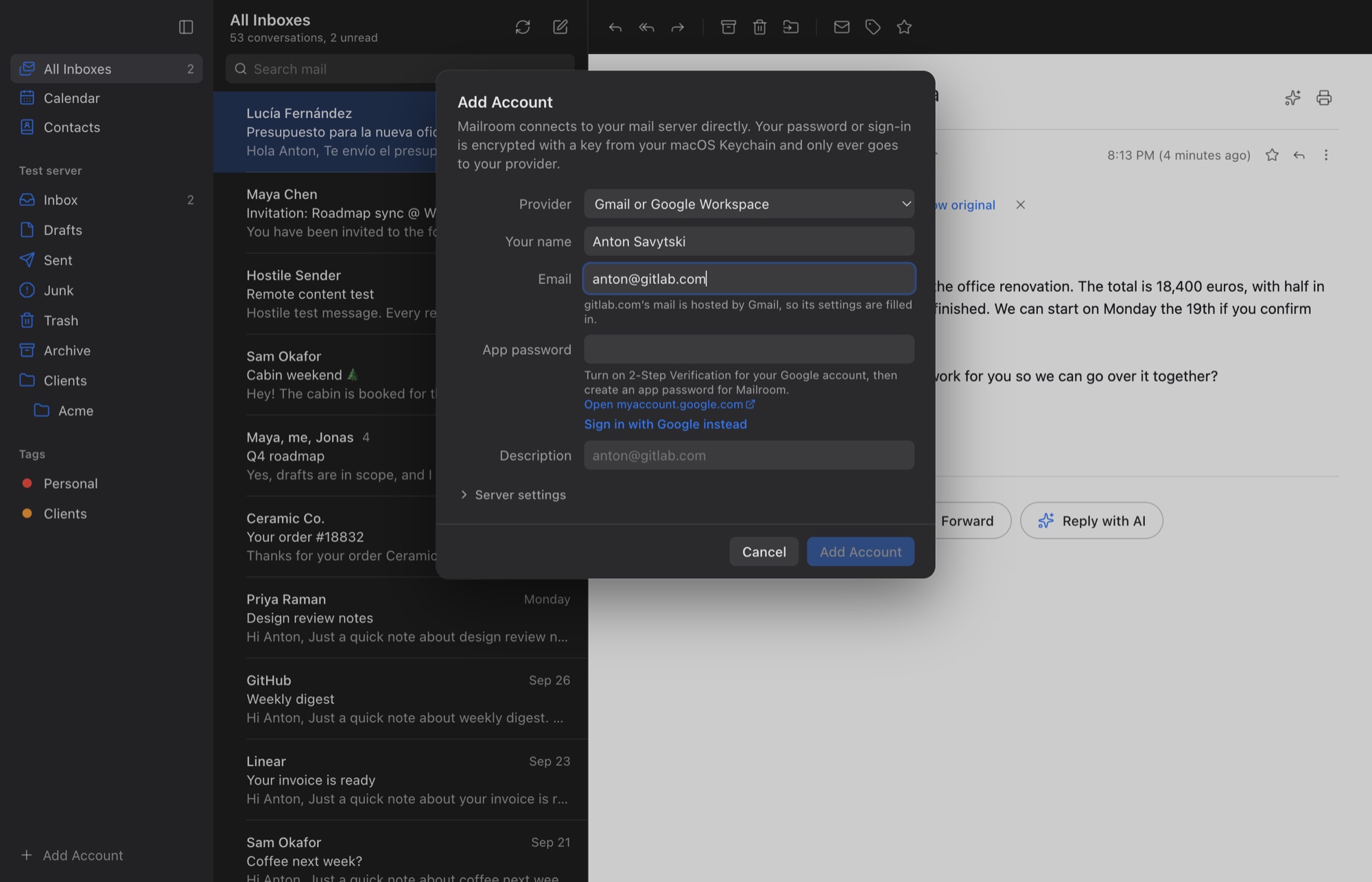 The Add Account window. Typing an address at gitlab.com has picked Gmail, because the domain's mail is hosted by Google, and filled in its settings.