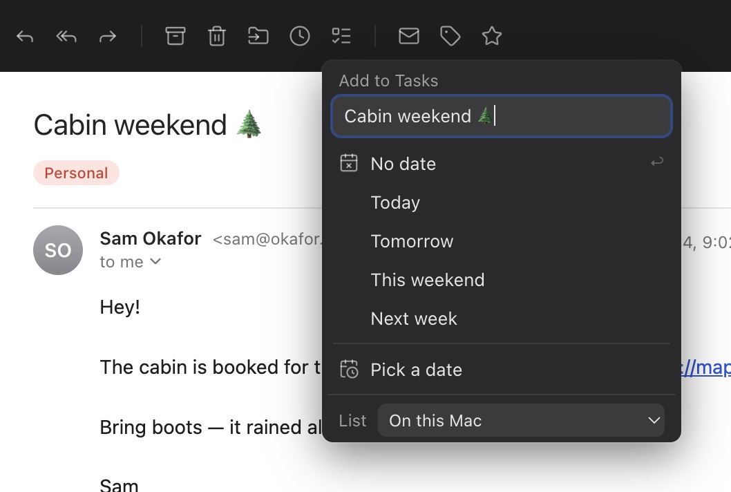 Add to Tasks on an email