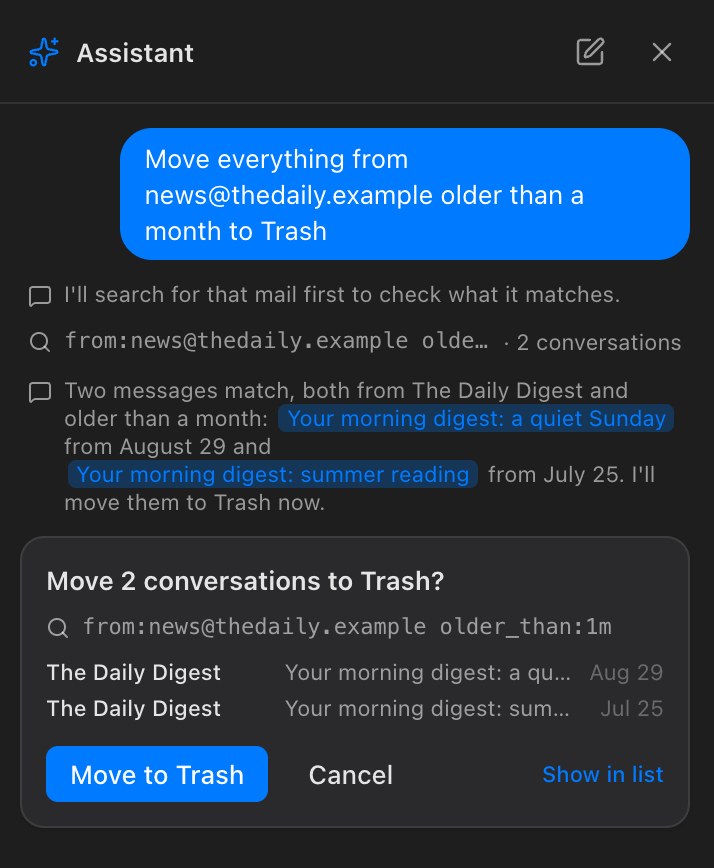 The Assistant asked to move mail from news@thedaily.example older than a month to Trash: it searched, found 2 conversations, and asks "Move 2 conversations to Trash?" with Move to Trash, Cancel and Show in list
