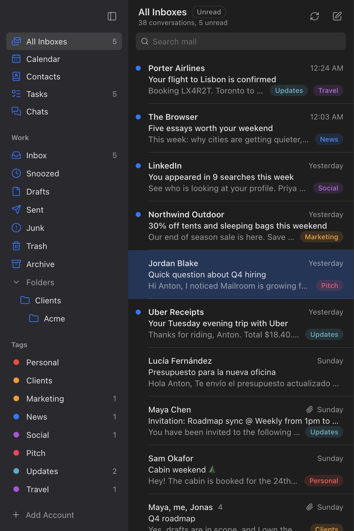 New mail labeled News, Social, Marketing, Pitch and Updates