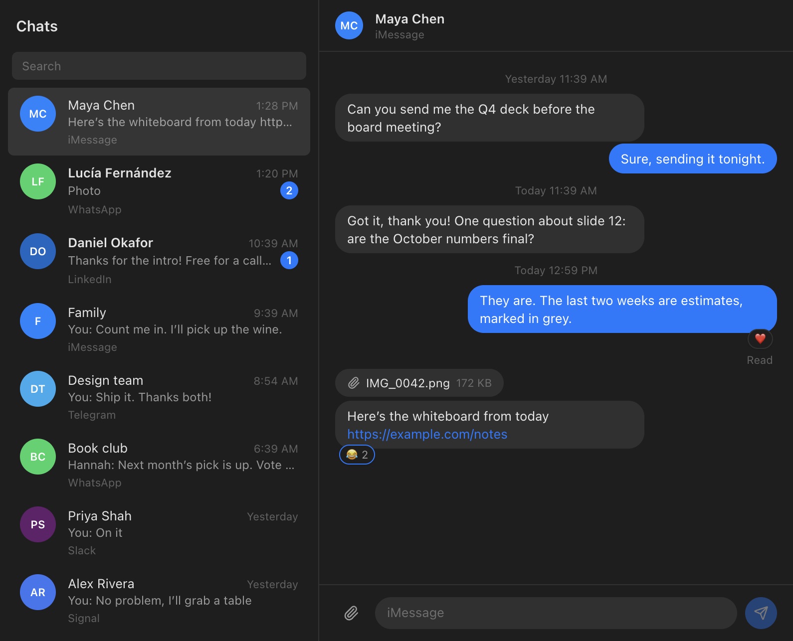 Chats: iMessage, WhatsApp, LinkedIn, Telegram, Slack and Signal chats in one list, with an iMessage conversation open