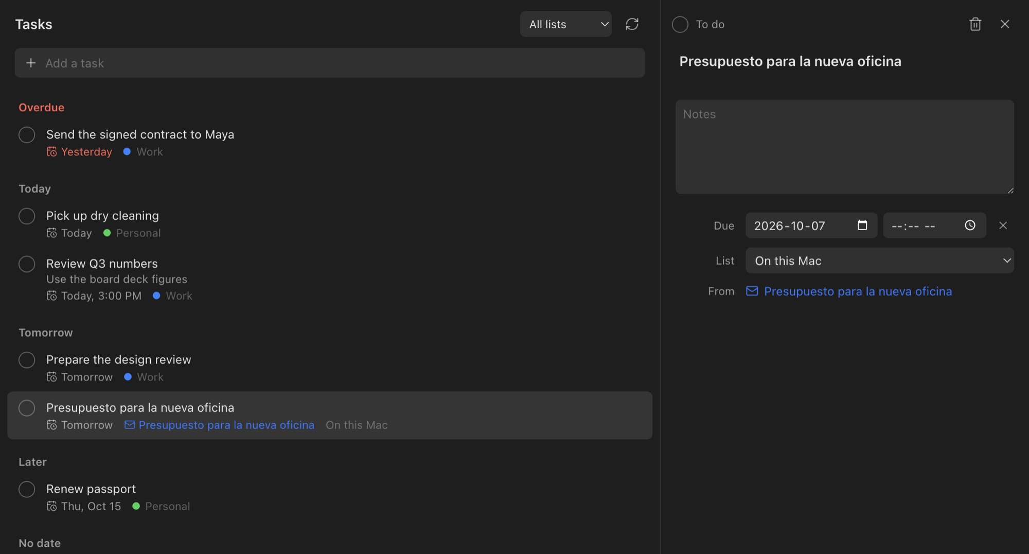 Tasks, with one made from an email open on the right