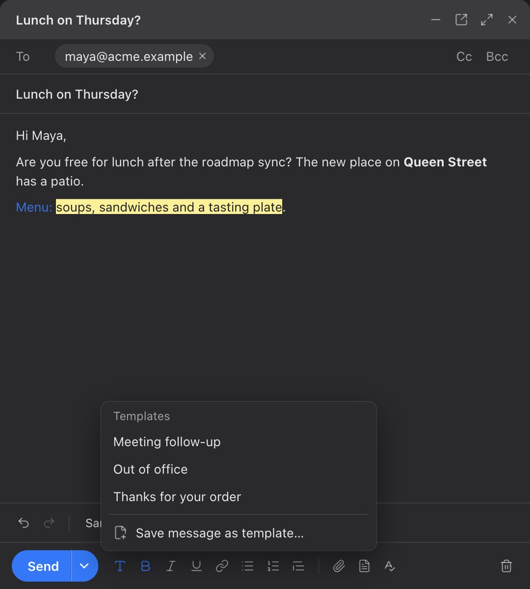 The Templates menu in a message: three templates, and Save message as template…